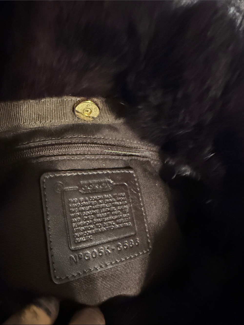 Coach Dark Brown Leather Interior Handbag with Fur Trim and Gold Hardware